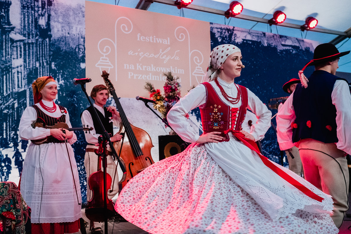 Dancers in folk costumes during a show of traditional folk dances