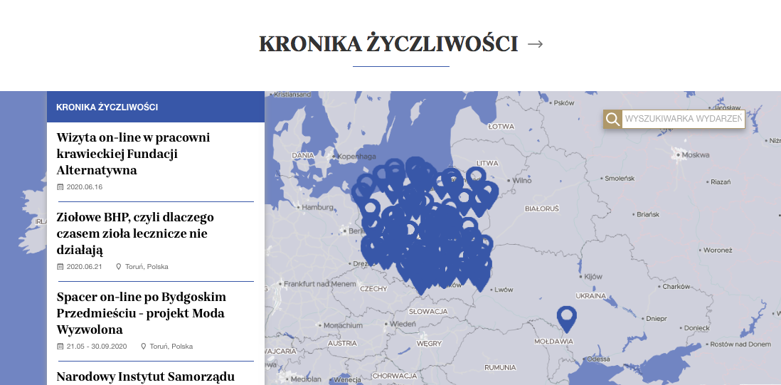 A print screen from the niepodlegla.iskryniepodleglej.pl website with a map of events; pins on the map of Poland denote initiatives undertaken across the country