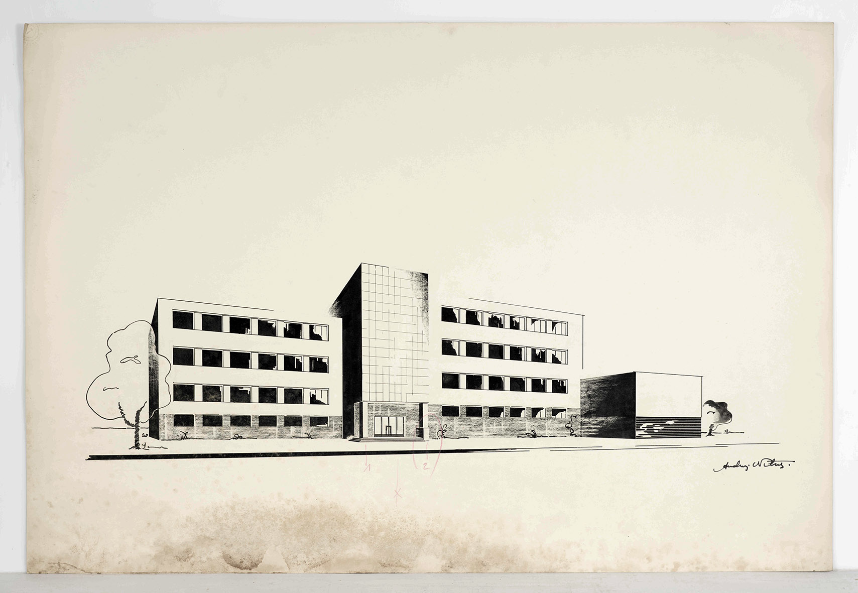 Andrzej Nitsch, projekt siedmioklasowej szkoły żeńskiej, widok perspektywiczny, praca studencka, tusz, ołówek i kredka na zbiory Muzeum Architektury we Wrocławiu