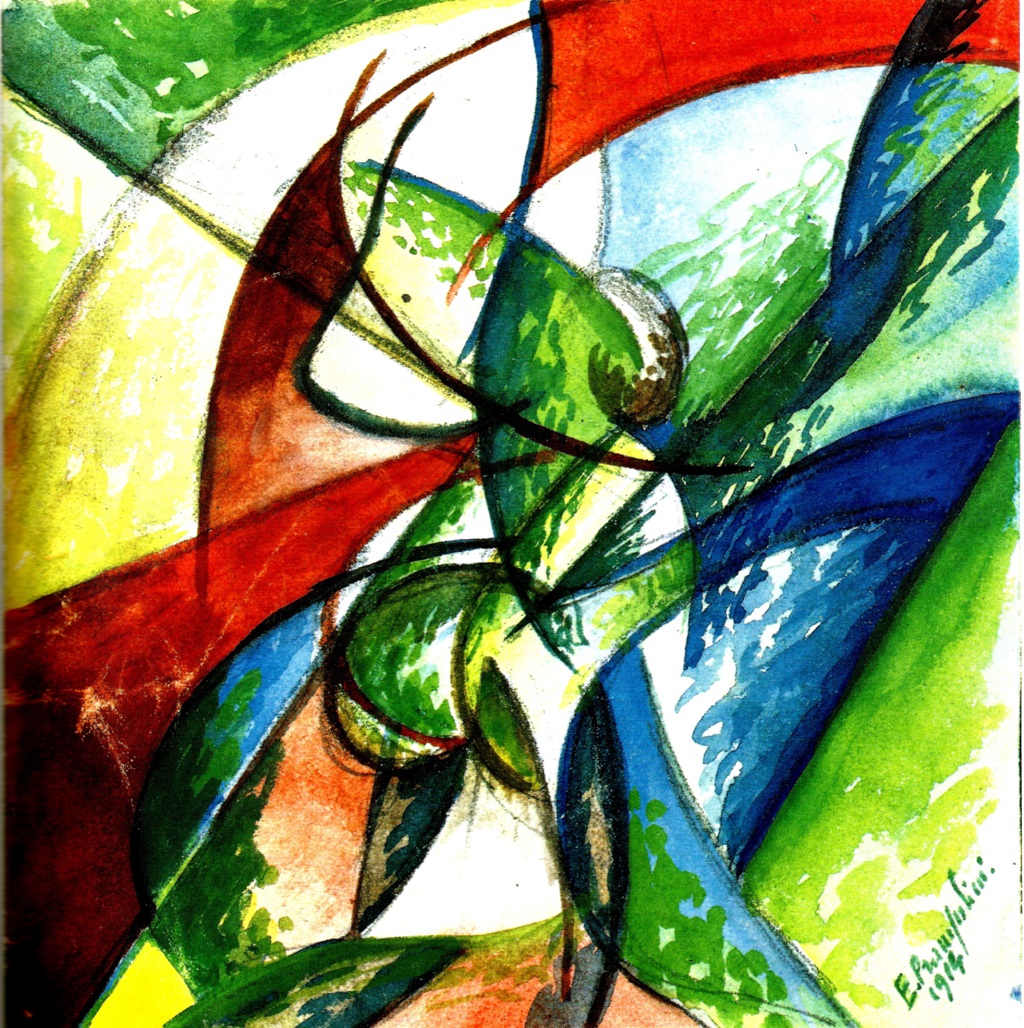 Enrico Prampolini, "Kompozycja futurystyczna-dynamizm form", 1914, tempera, papier, wym. 12,4 × 12 cm, kolekcja prywatna, Rzym