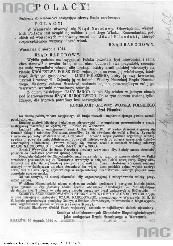 Odezwa Naczelnego Komitetu Narodowego (ze zbiorów Narodowego Archiwum Cyfrowego, sygn. 1-H-150a-1)