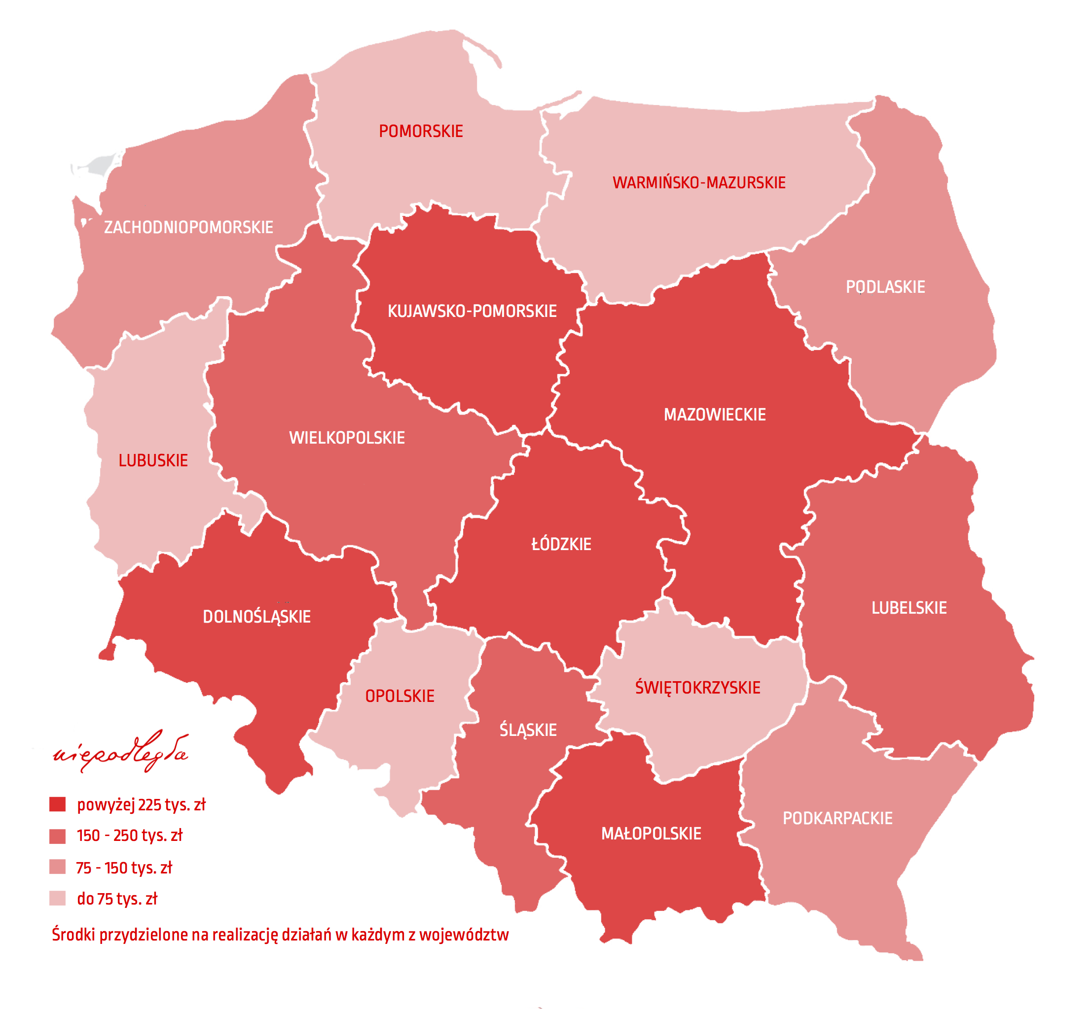 mapa - skala środków przyznanych na dofinansowania dla projektów każdego z województw