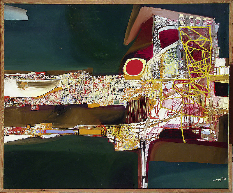 Marian Bogusz, "Kompozycja II", 1956, olej na płycie pilśniowej, wym. 100 x 121 cm