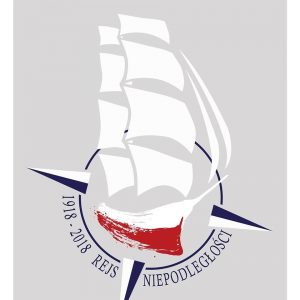 uproszczony żaglowiec z biało-czerwonym kadłubem wpisany w różę woatrów