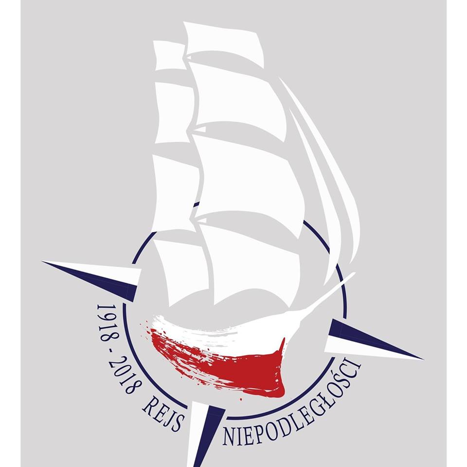 uproszczony żaglowiec z biało-czerwonym kadłubem wpisany w różę woatrów