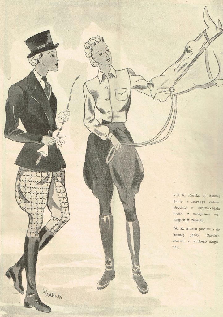 rysunki pań w strojach do jazdy konnej