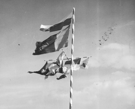 Flagi w barwach narodowych i proporczyki klubów widoczne podczas krajowych zawodów lotniczych 1938