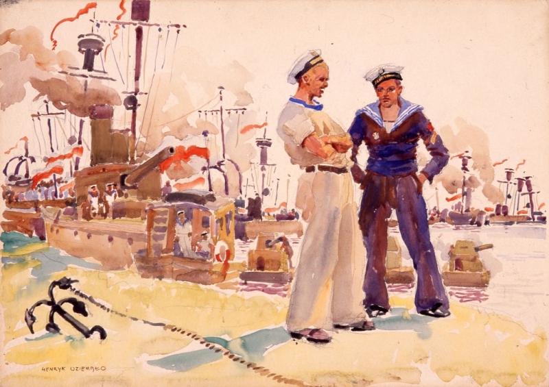 Obraz przedstawia dwóch marynarzy na tle kilku statków wojennych