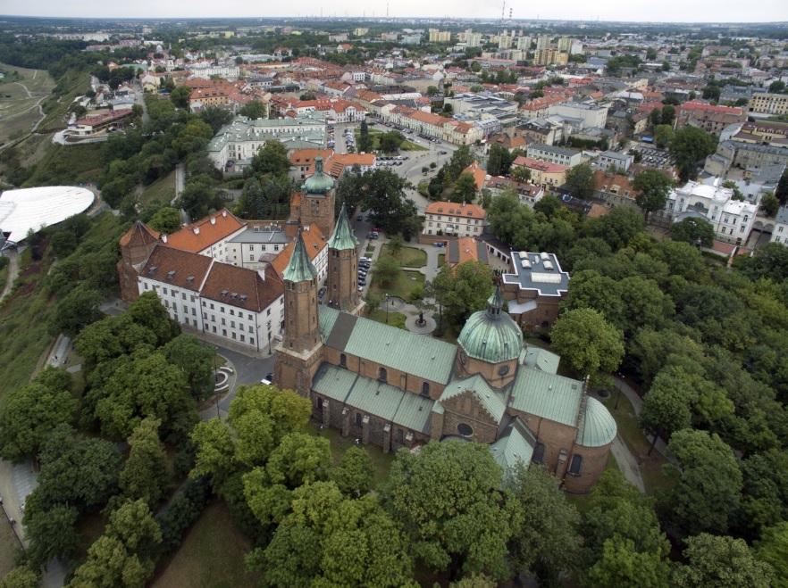 widok na dachy katedry i dawnego opactwa z lotu ptaka, zbocza wzgórza porośnięte drzewami