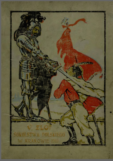 Okładka przedstawiająca rycerza i członka Sokołów z czerwonym sztandarem