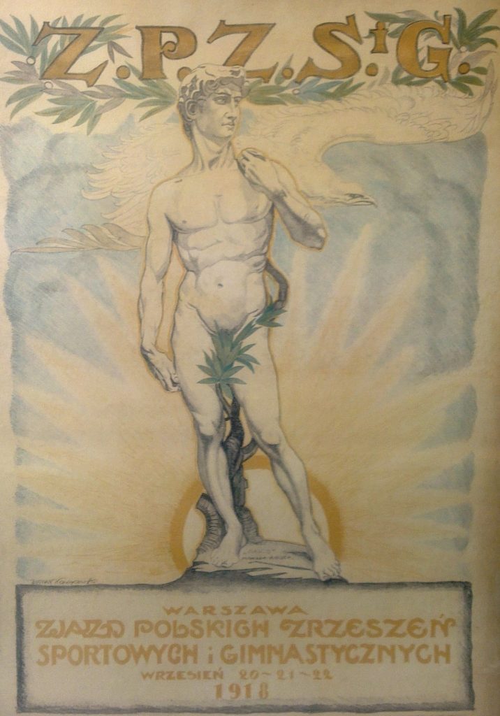 pomnik Apolla Belwederskiego ze wschodzącym słońcem za nim i z literami Z.P.Z.S.G. na górze i pełnym podpisem na dole