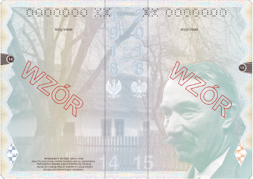 Wzór stron nr 14 i 15 nowego paszportu, przedstawiają Wincentego Witosa