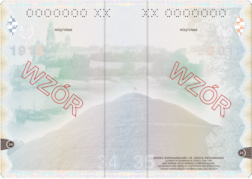 Wzór stron nr 34 i 35 nowego paszportu, przedstawiają Kopiec Niepodległościowy im. Józefa Piłsudskiego