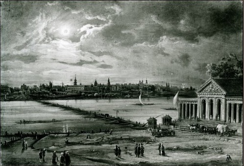 zdjęcie przedstawia czarno-biały obraz z widokiem na Warszawę