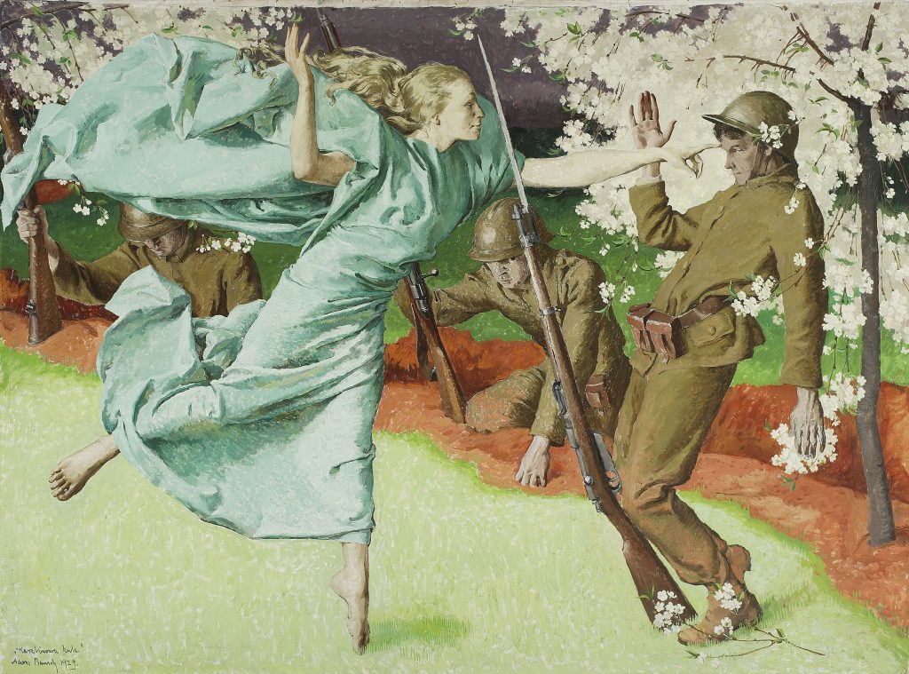 obraz Adama Bunscha "Karabinowa kula", żołnierze, alegoria kuli w postaci kobiety