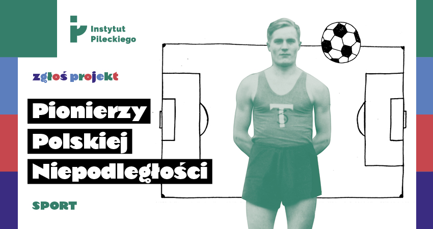baner ze sportowcem, zarysem boiska i hasłem konkursu