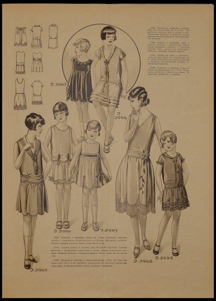 zdjęcie z czasopisma przedstawiające szkice z modą dla dziewcząt