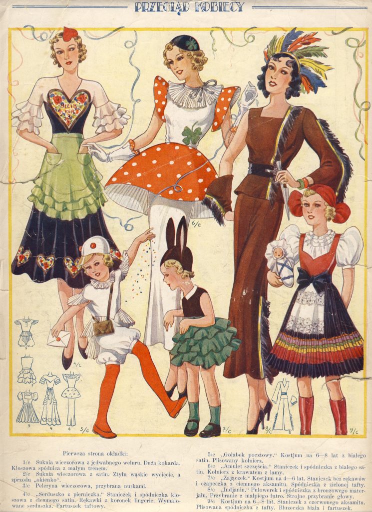 grafika z czasopisma przedstawiająca barwne stroje karnawałowe