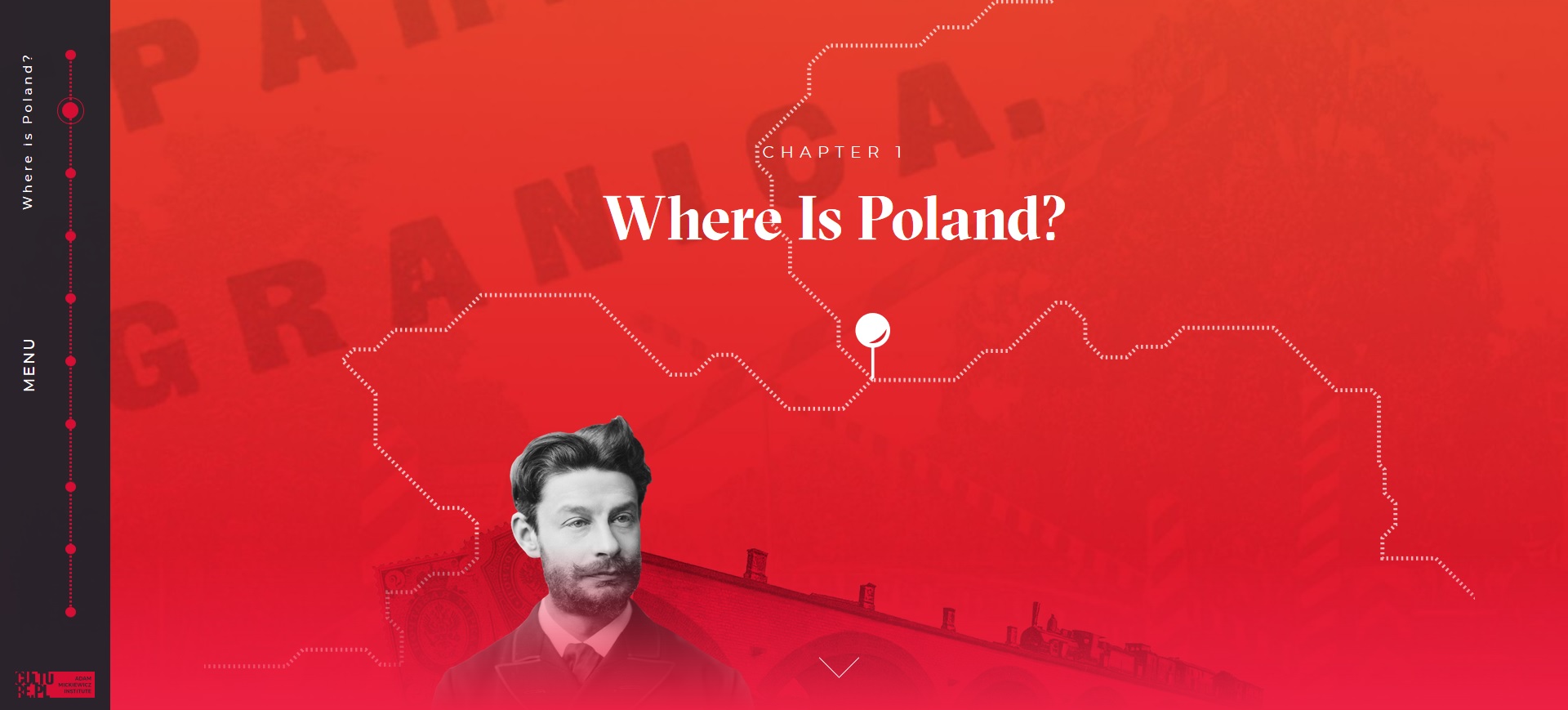 na czerwonym tle rozrzucone: sylwetka mężczyzny i fragment mapy