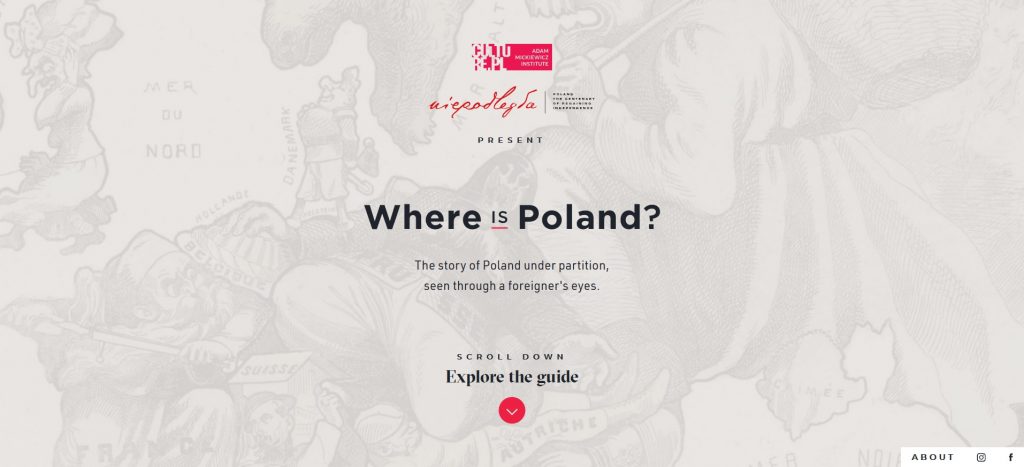 na szarym tle tytuł projektu, logo organizatorów i zaproszenie do dalszego przewijania