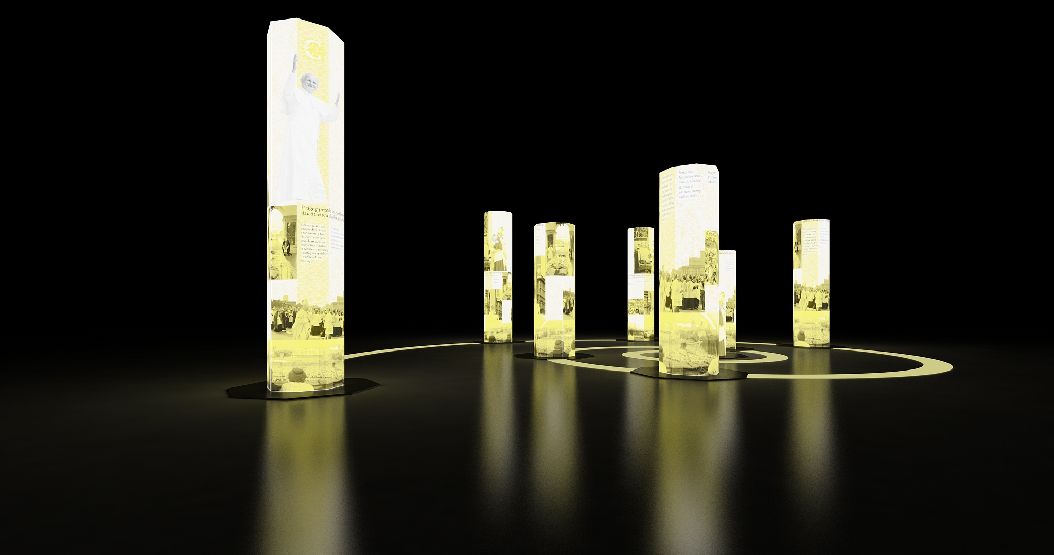 podświetlone pilary rozstawione po spirali