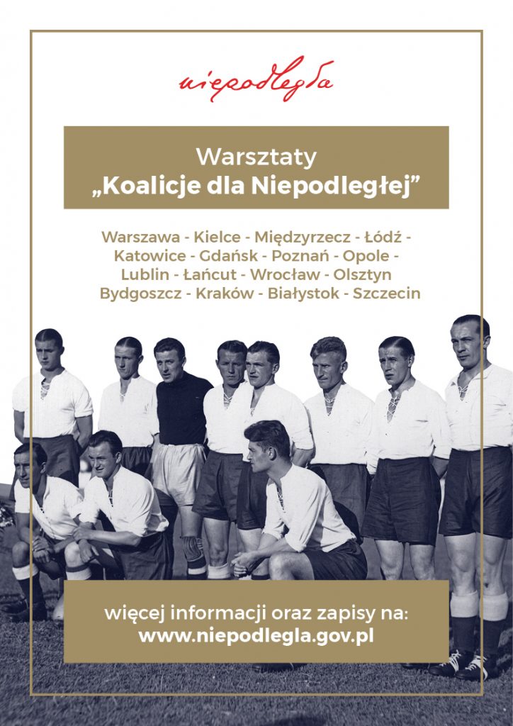plakat ze zdjęciem polskich zawodników nad nim logo i tytuł warsztatów, wszystkie nazwy miejscowości, gdzie będą warsztaty, na dole w ramce informacje o zapisach i stronie internetowej