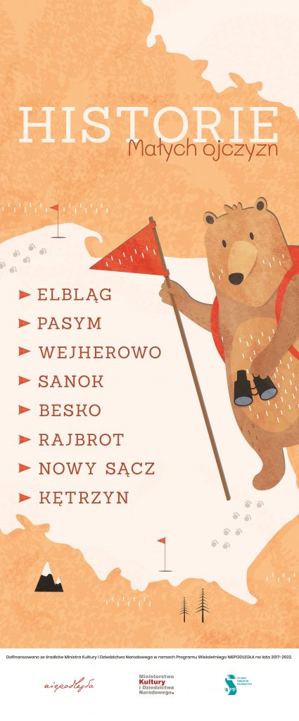 plakat z konturem polski, misiem z lornetką i flagą, tytułem projektu, miejscami warsztatów i na dole logo instytucji zaangażowanych