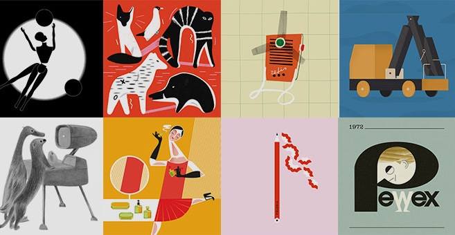 grafika przedstawiająca 8 miniatur logo i przedmiotów