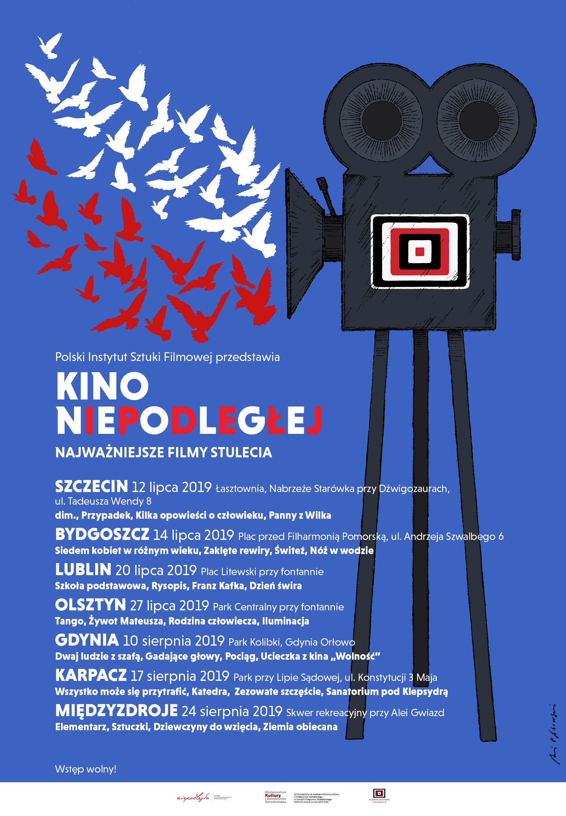 plakat z grafiką kamery, z której ulatują praki w bieli i czerwieni, pod tytułem projektu wypisane miejscowości