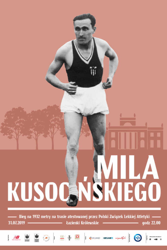 zdjęcie Kusocińskiego, w tle zarys pałacu w łazienkach, na dole logo partnerów