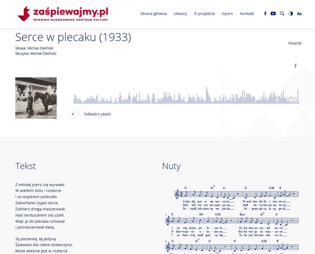 serce w plecaku - screen ze strony zaśpiewajmy.pl słupkami akompaniamentu, fragmentem tekstu i nutami