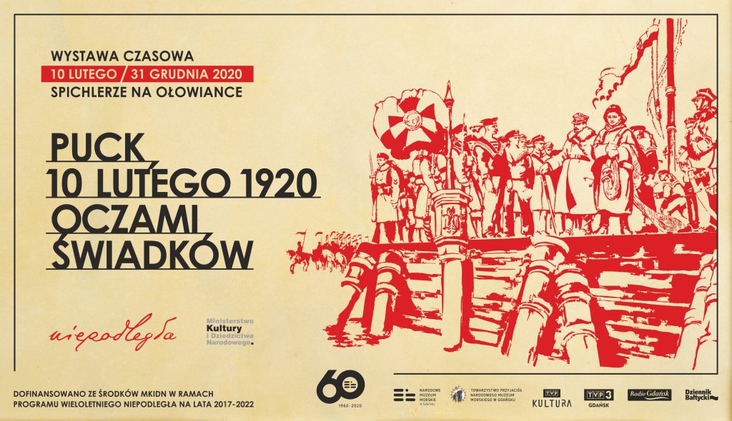 reklama wystawy Puck 10 lutego 1920 oczami świadków z logami i grafiką przedstawiającą zaślubiny
