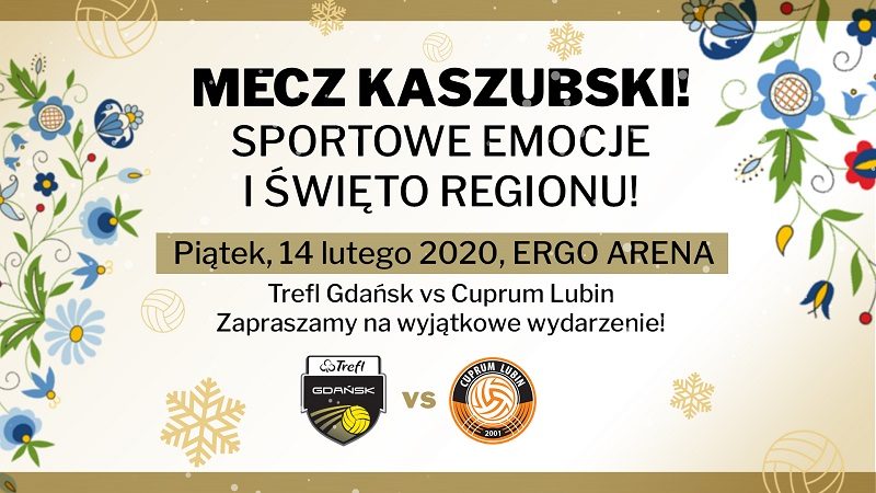 baner meczu z informacjami, logotypami dwóch klubów i motywami z kaszubskiego haftu