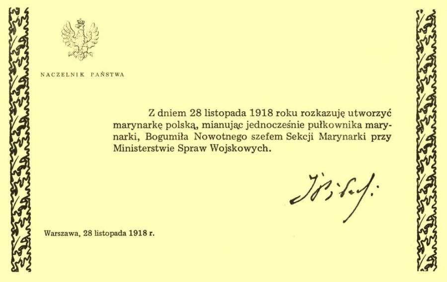 dokument (Dekret o utworzeniu marynarki polskiej) z zapisaną treścią rozkazu, podpisem Piłsudskiego, datą i orzełkiem państwowym