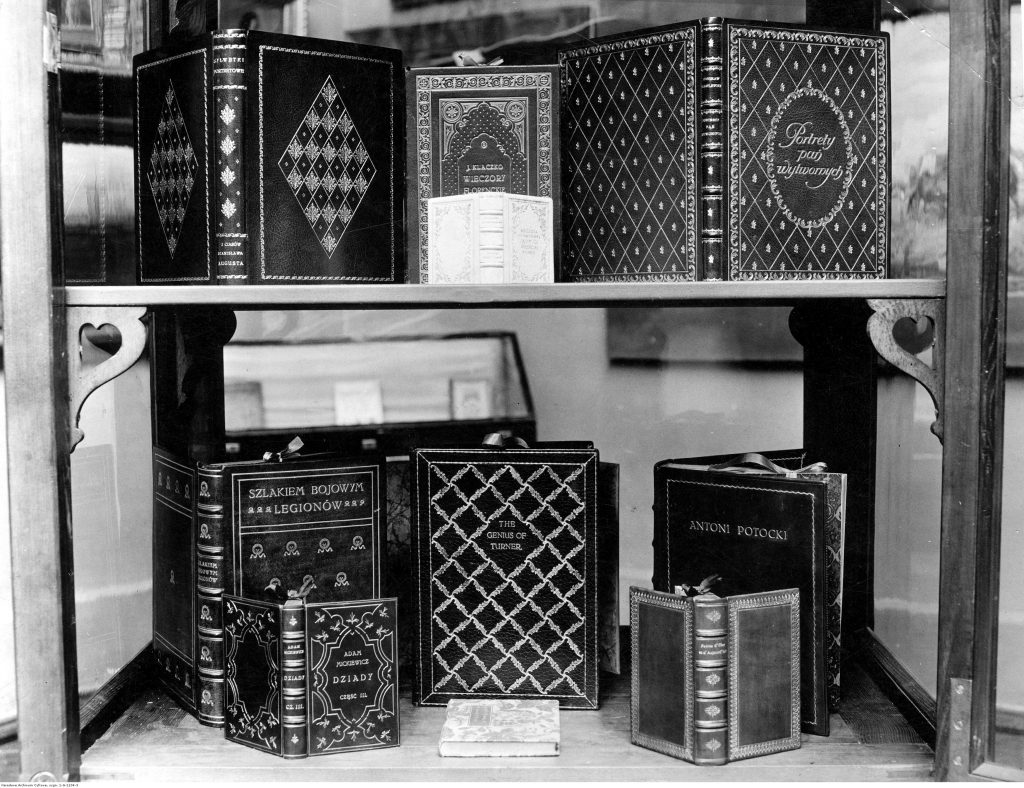 eleganckie okładki książek na dwóch półkach