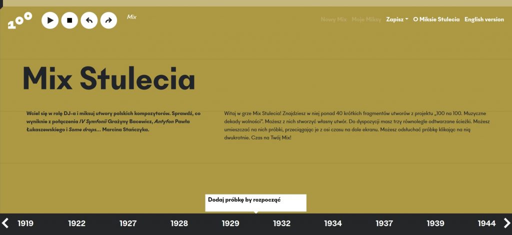 ekran na dole z osią czasu z próbkami, w centralnej części opis narzędzia, u góry przyciski do zapisywania kompozycji