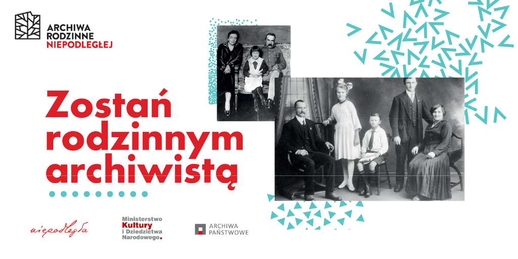 baner złożony z logo projektu, dwóch starych rodzinnych zdjęć i hasła zostań rodzinnym archiwistą
