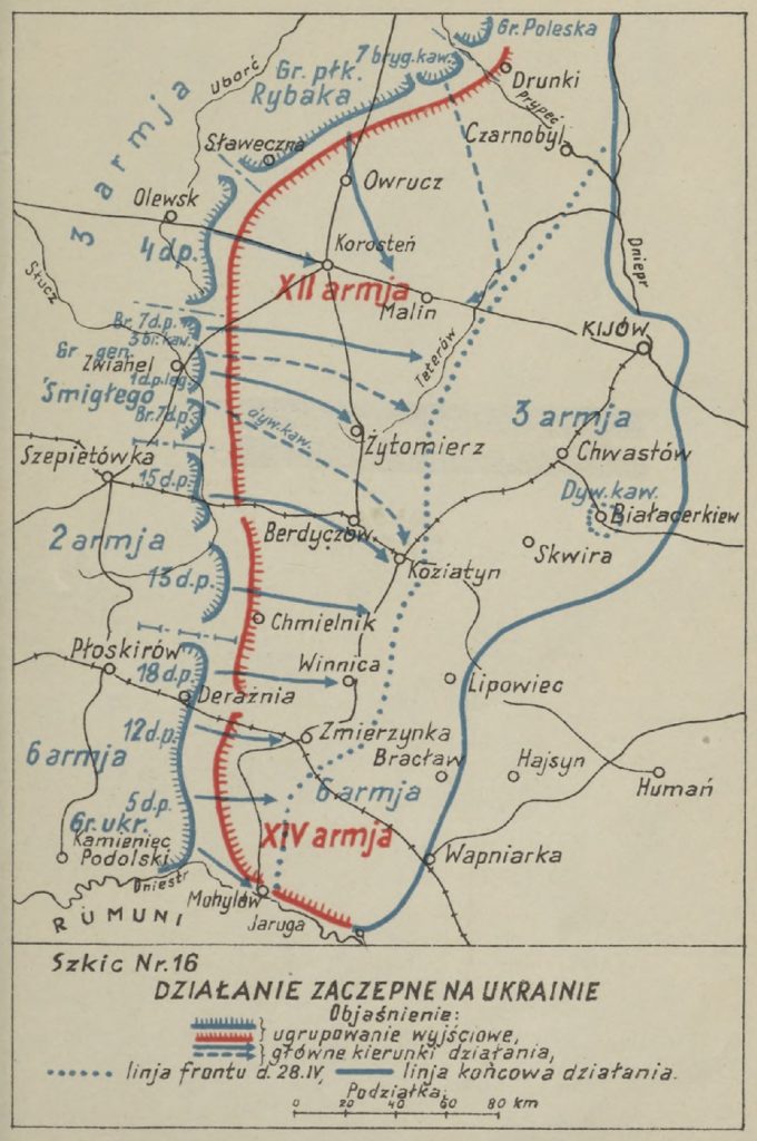 mapa okolic Kijowa z zaznaczonymi miejscowościami - na czerwono bolszewiy, na niebiesko wojska polskie