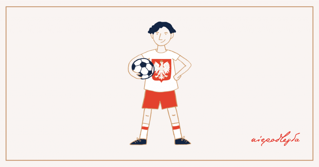 banerek z piłkarzem w koszulce z godłem. W rogu banerka logo Niepodległa