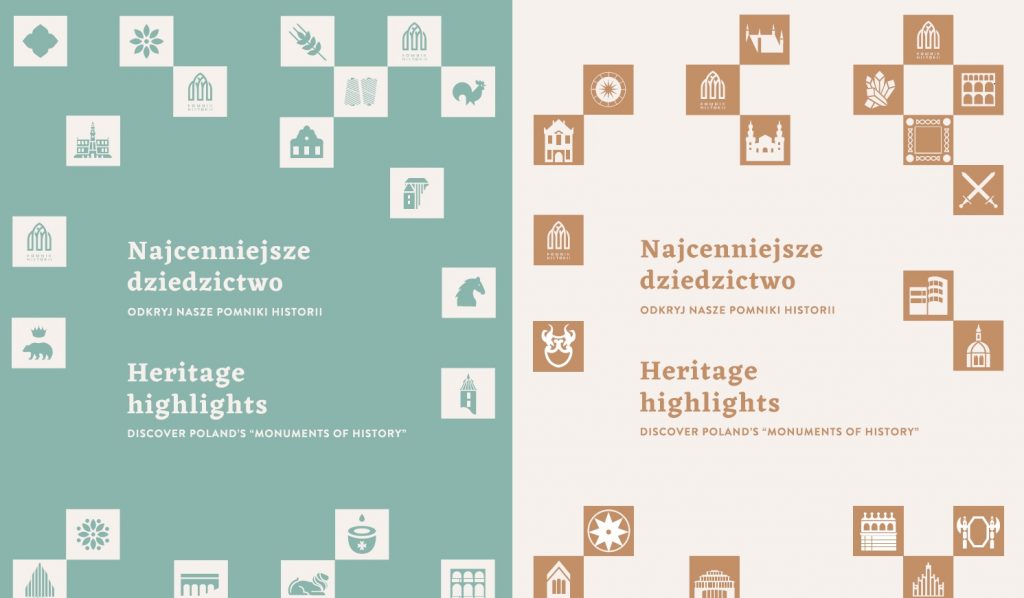 dwie okładki obok siebie z tytułem wystawy i małymi piktogramami zabytków
