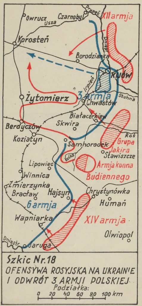 mapa okolic Kijowa z zaznaczonymi miejscowościami - na czerwono bolszewiy, na niebiesko wojska polskie
