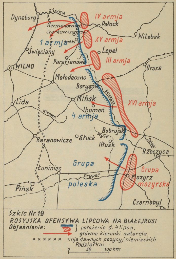 mapa okolic Mińska z zaznaczonymi miejscowościami - na czerwono bolszewiy, na niebiesko wojska polskie