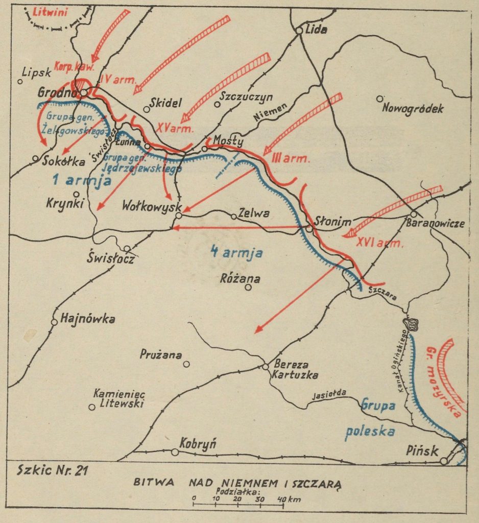 mapa okolic rzek Niemen i Szczara z zaznaczonymi miejscowościami - na czerwono bolszewiy, na niebiesko wojska polskie