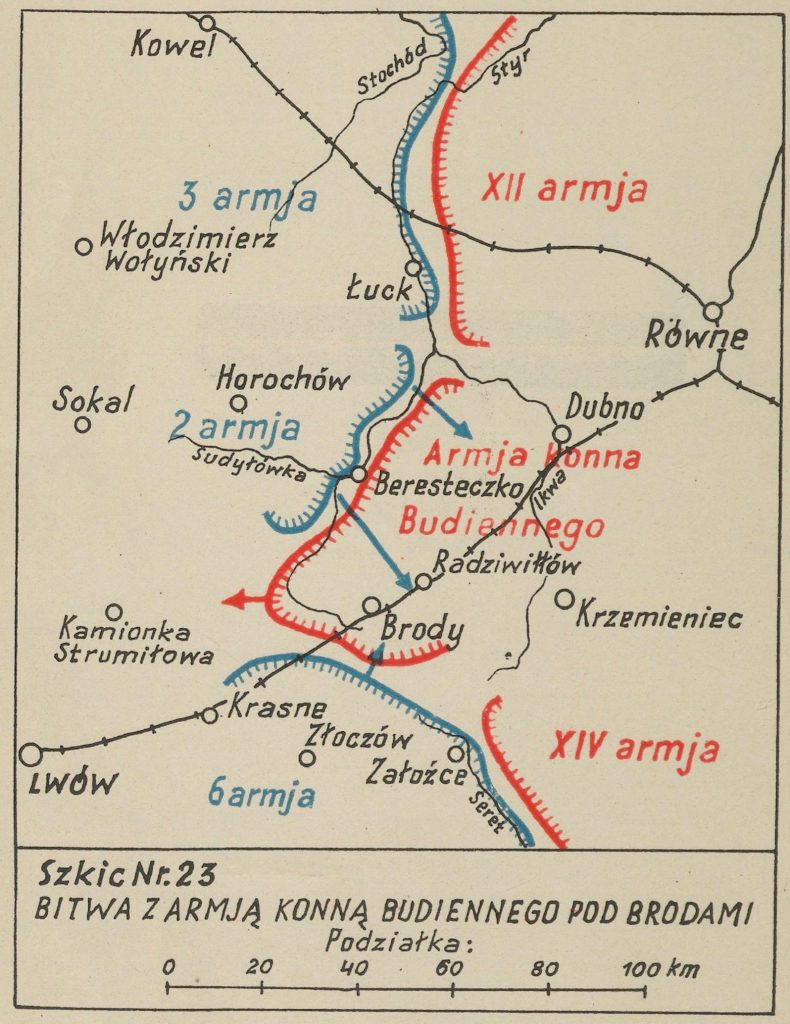 mapa okolic Łucka z zaznaczonymi miejscowościami - na czerwono bolszewiy, na niebiesko wojska polskie