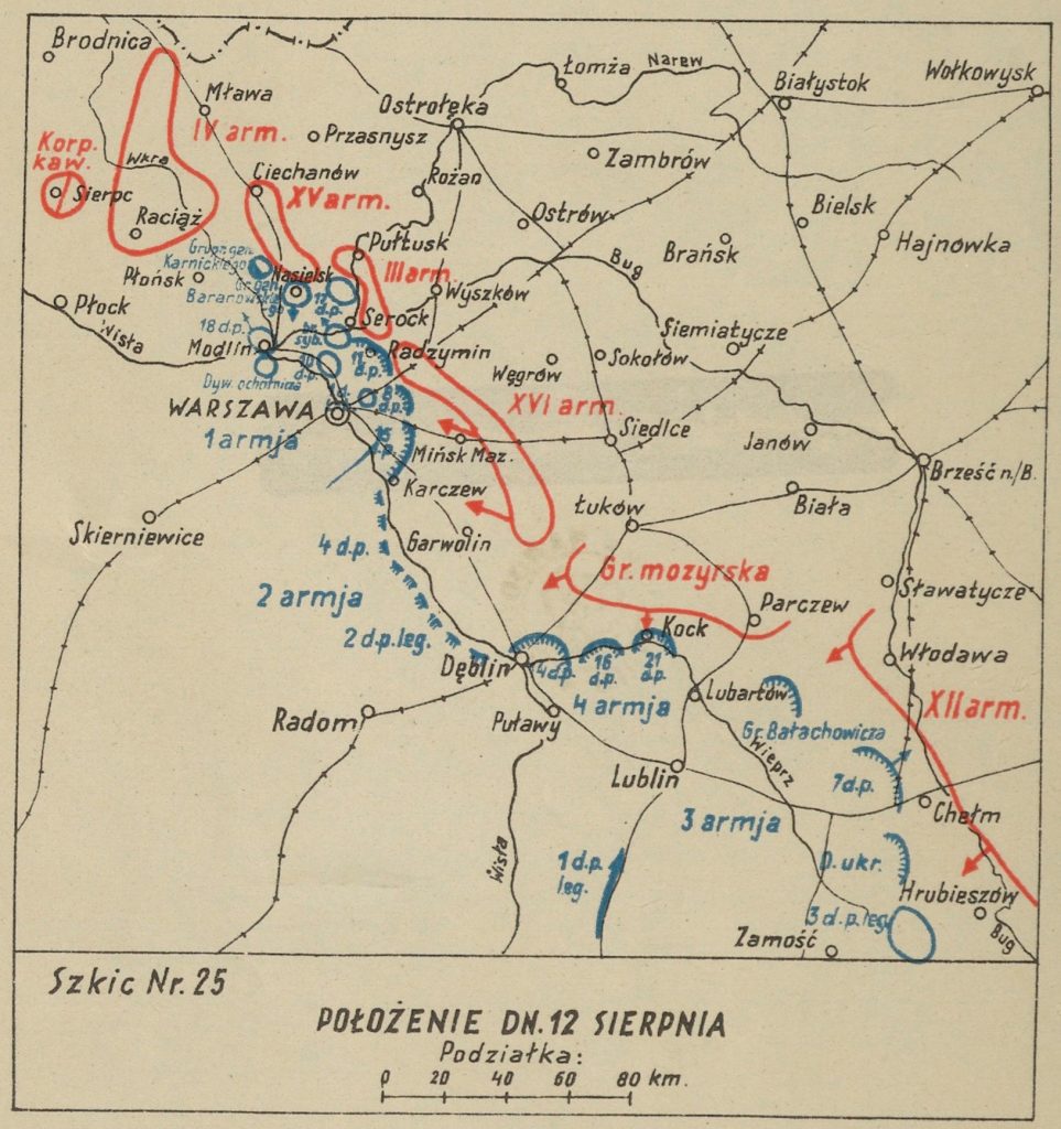 mapa okolic Warszawy z zaznaczonymi miejscowościami - na czerwono bolszewiy, na niebiesko wojska polskie