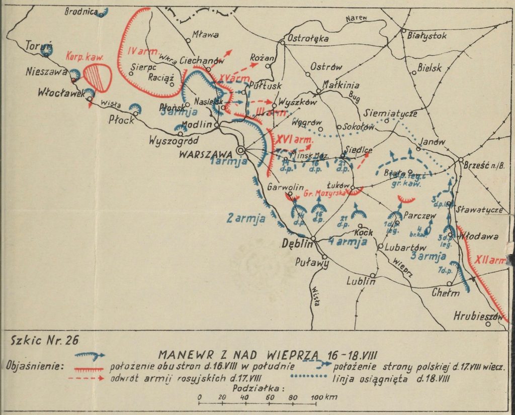 mapa okolic Warszawy z zaznaczonymi miejscowościami - na czerwono bolszewiy, na niebiesko wojska polskie