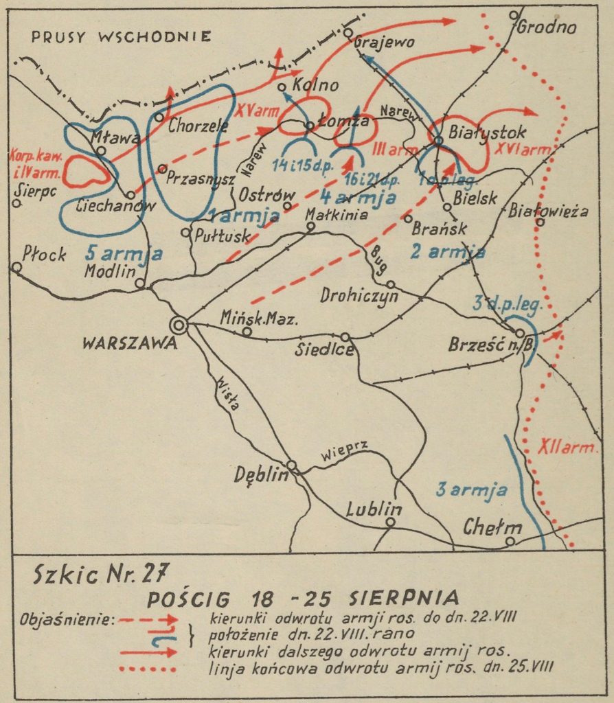 mapa okolic Warszawy z zaznaczonymi miejscowościami - na czerwono bolszewiy, na niebiesko wojska polskie