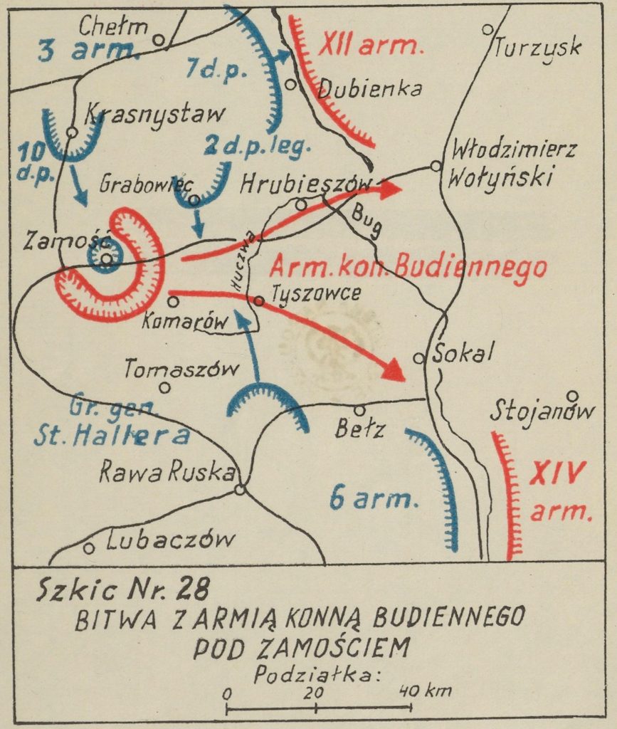 mapa okolic Zamościa z zaznaczonymi miejscowościami - na czerwono bolszewiy, na niebiesko wojska polskie