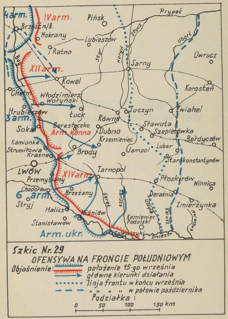 mapa okolic Lwowa z zaznaczonymi miejscowościami - na czerwono bolszewiy, na niebiesko wojska polskie