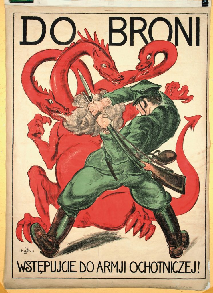 Plakat "Do BRONI! WSTĘPUJCIE DO ARMII OCHOTNICZEJ!" z wizerunkiem żołnierza nacierającego na czerwonego trójgłowego smoka